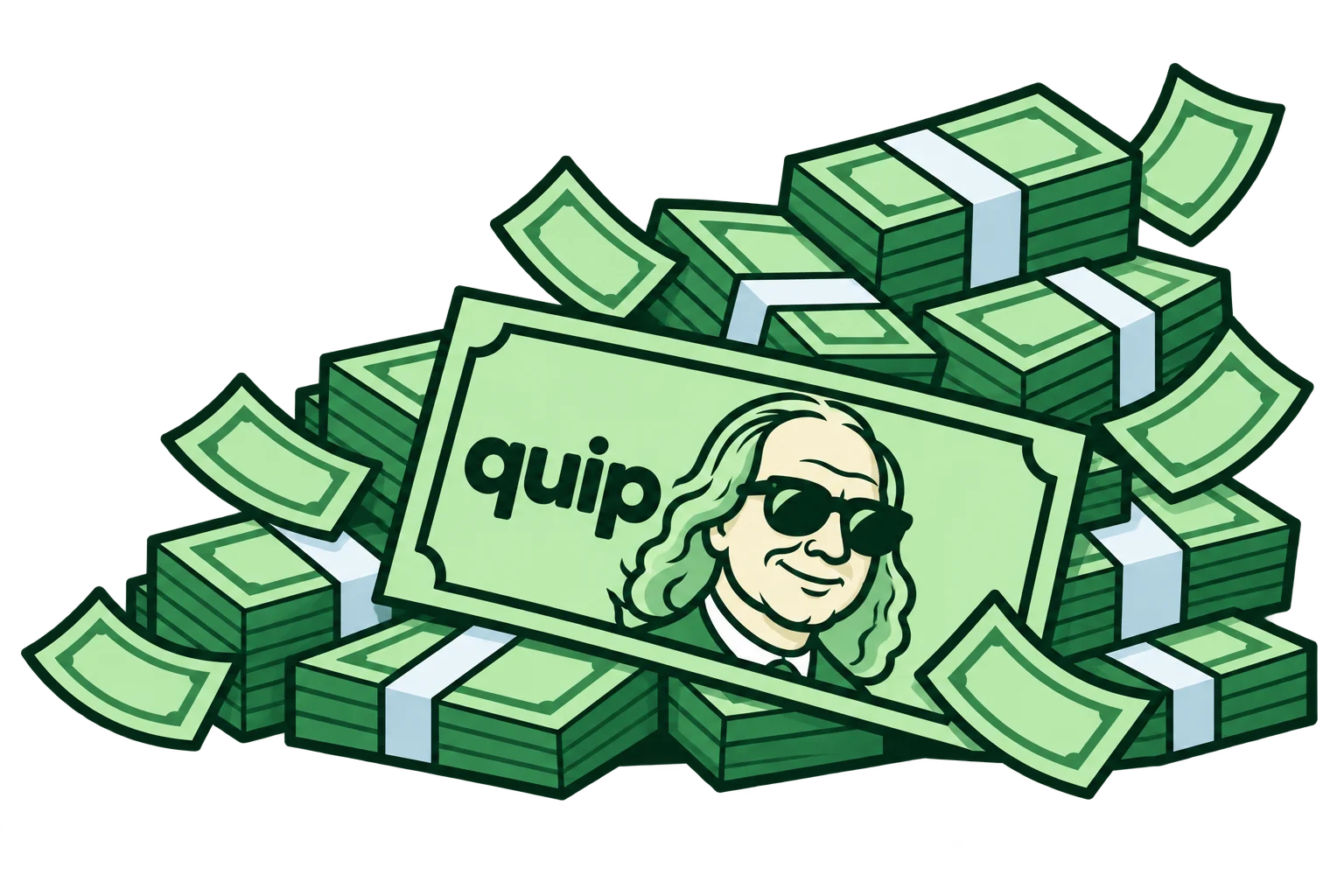A playful quip bill with a sunglasses mascot on a pile of cash.